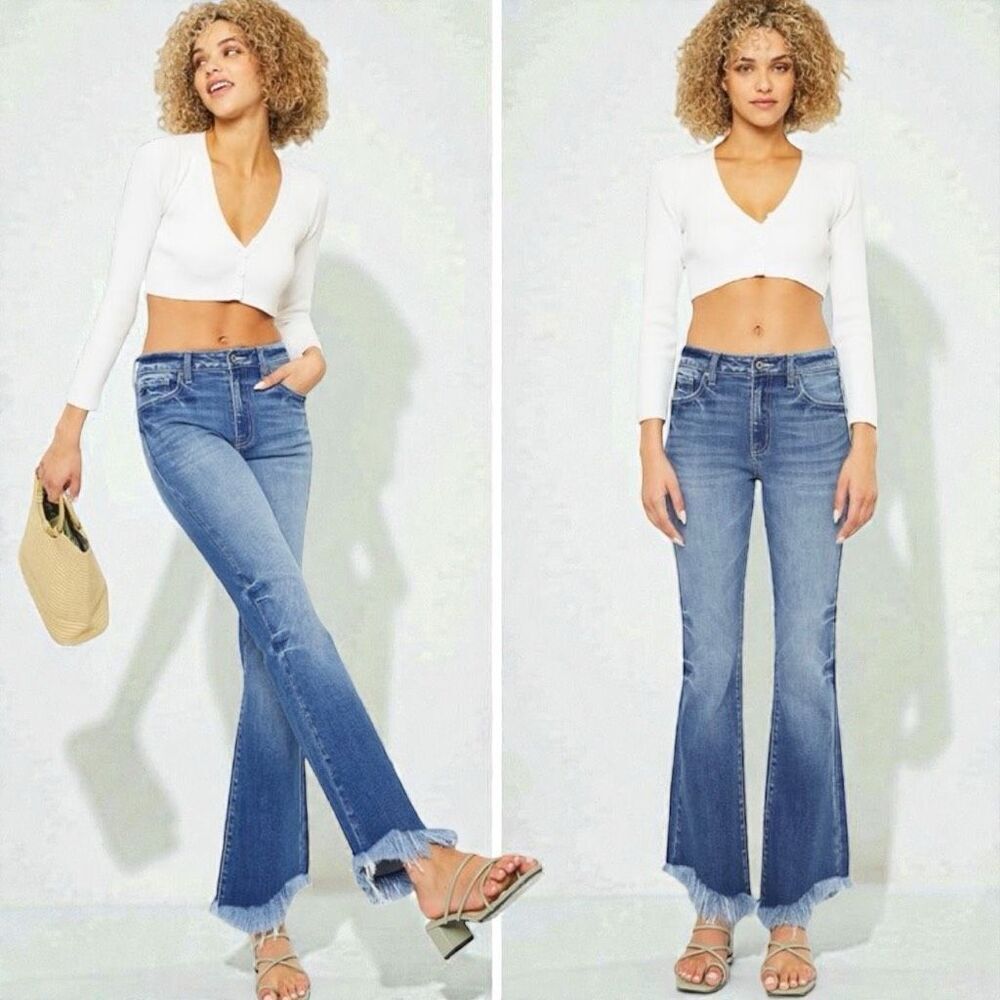 Kancan High Rise Ankle Bootcut Jeans Medium Wash Frayed Hem 13/30 NWT - Picture 7 of 12